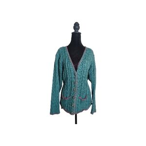 Northern Isle Vintage Medium Teal Button-Up Cable Knit Cardigan Cottagecore Chic